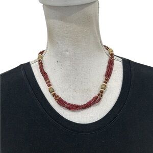 MMA faceted Red garnet triple bead strand and 925 Gold Beaded stations Necklace